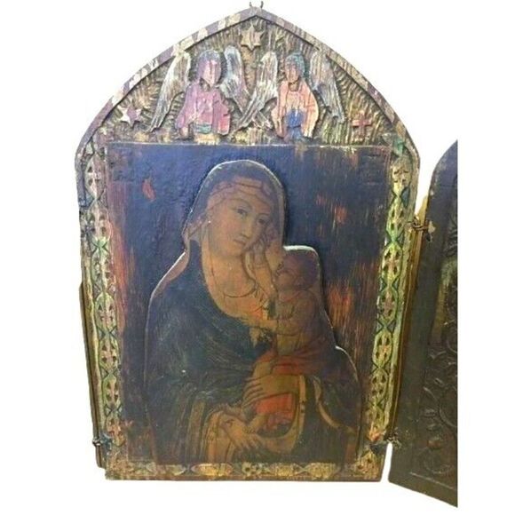 Antique Russian Christian Orthodox Triptych Icon Mother Virgin Madonna Jesus - Picture 8 of 13